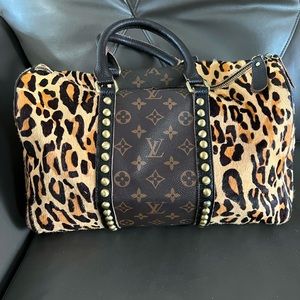 Upcycled Louis Vuitton speedy studded leopard bag large 40 size genuine leather